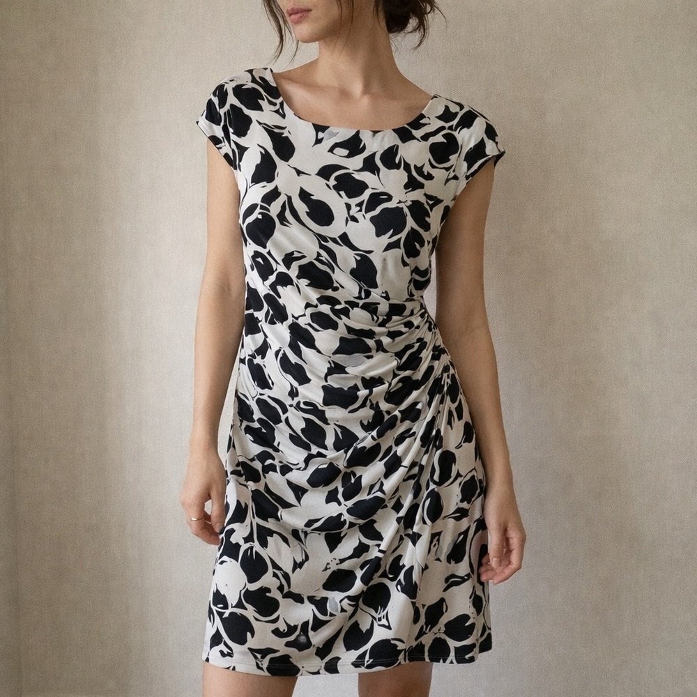 Lauren Ralph Lauren Navy White Floral Ruched Sheath Dress Size 14 Cottagecore